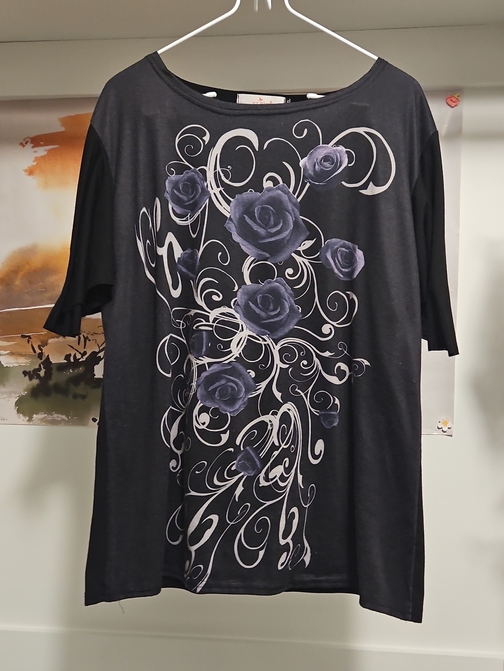 ELFIN Black Short Sleeve Top with Purple Rose Swirl Print